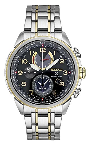 seiko silvertone black dial solar calendar watch