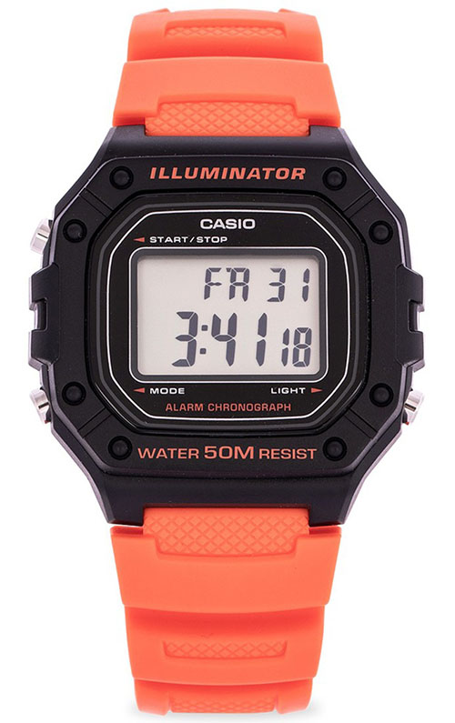 casio men's orange resin strap illuminator lcd watch