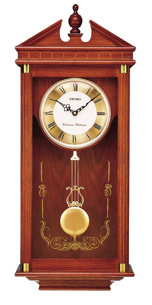Seiko Analog Quartz Solid Oak Case Pendulum Chiming Wall Clock