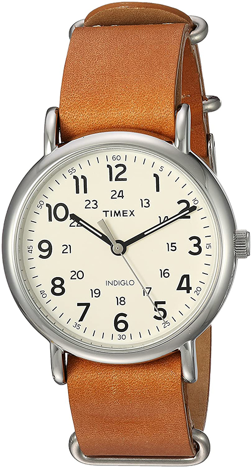 Timex Men's Weekender Quartz Silver Tone Brass/Brown Leather Watch ...